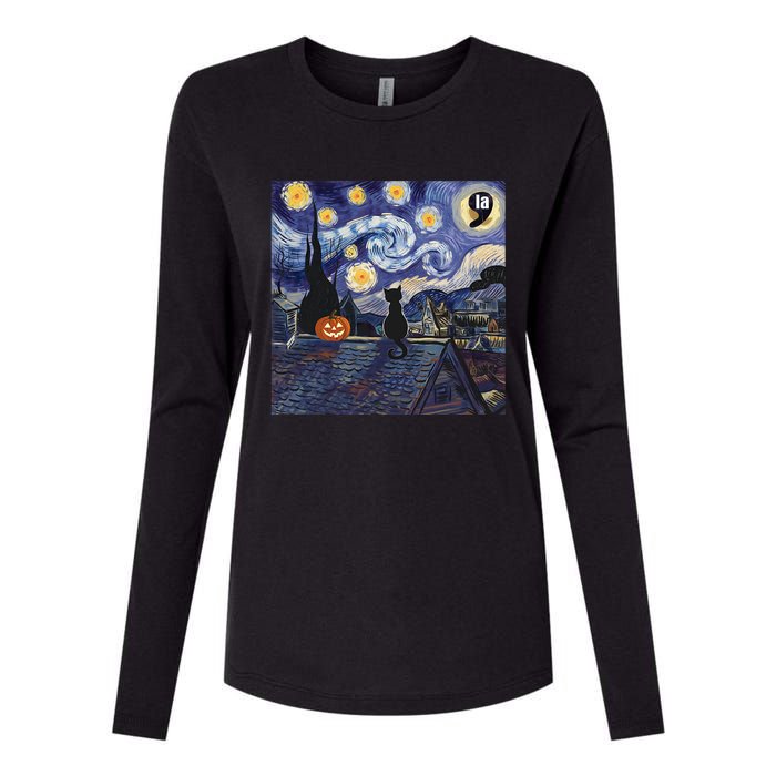 Halloween Starry Night Comma La Black Cat Kamala Harris Moon Womens Cotton Relaxed Long Sleeve T-Shirt