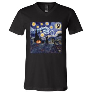 Halloween Starry Night Comma La Black Cat Kamala Harris Moon V-Neck T-Shirt