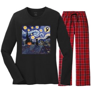 Halloween Starry Night Comma La Black Cat Kamala Harris Moon Women's Long Sleeve Flannel Pajama Set 