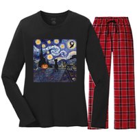 Halloween Starry Night Comma La Black Cat Kamala Harris Moon Women's Long Sleeve Flannel Pajama Set 