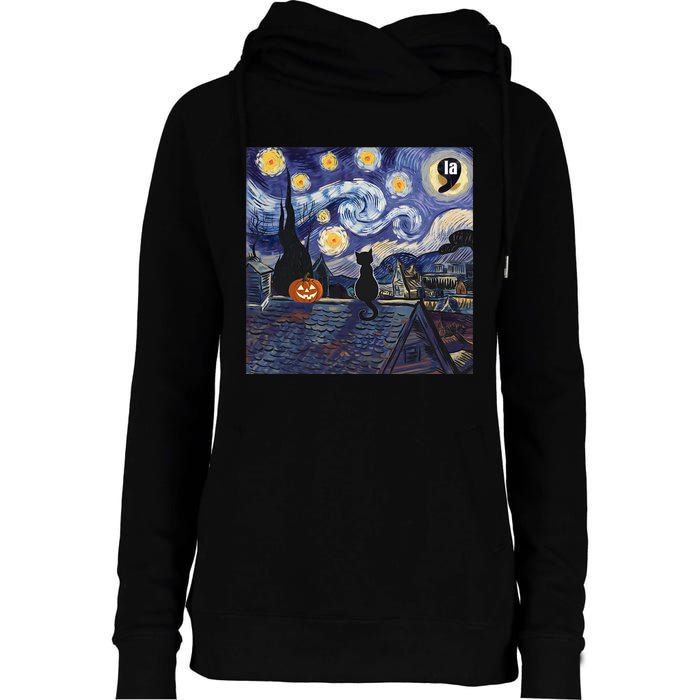 Halloween Starry Night Comma La Black Cat Kamala Harris Moon Womens Funnel Neck Pullover Hood