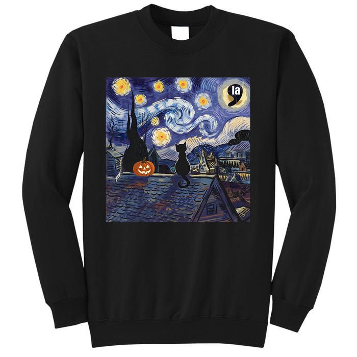 Halloween Starry Night Comma La Black Cat Kamala Harris Moon Tall Sweatshirt