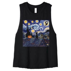 Halloween Starry Night Comma La Black Cat Kamala Harris Moon Women's Racerback Cropped Tank