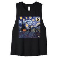 Halloween Starry Night Comma La Black Cat Kamala Harris Moon Women's Racerback Cropped Tank