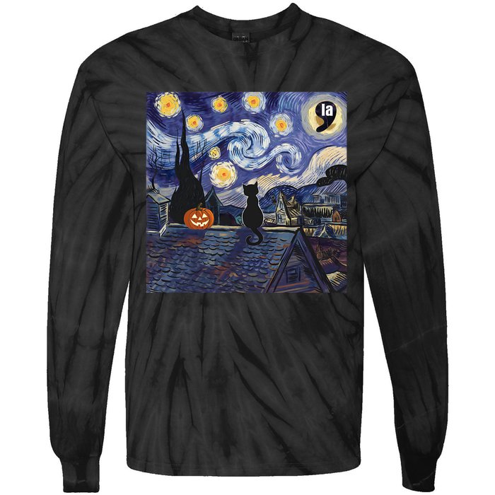 Halloween Starry Night Comma La Black Cat Kamala Harris Moon Tie-Dye Long Sleeve Shirt