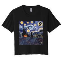 Halloween Starry Night Comma La Black Cat Kamala Harris Moon Women's Crop Top Tee