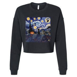 Halloween Starry Night Comma La Black Cat Kamala Harris Moon Cropped Pullover Crew