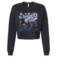 Halloween Starry Night Comma La Black Cat Kamala Harris Moon Cropped Pullover Crew