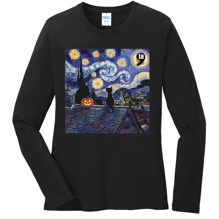 Halloween Starry Night Comma La Black Cat Kamala Harris Moon Ladies Long Sleeve Shirt