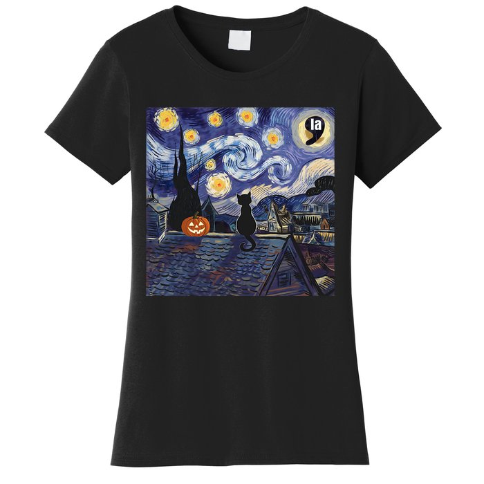 Halloween Starry Night Comma La Black Cat Kamala Harris Moon Women's T-Shirt