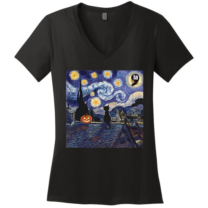 Halloween Starry Night Comma La Black Cat Kamala Harris Moon Women's V-Neck T-Shirt