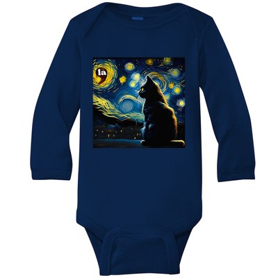 Halloween Starry Night Black Cat Comma La Kamala Harris Baby Long Sleeve Bodysuit