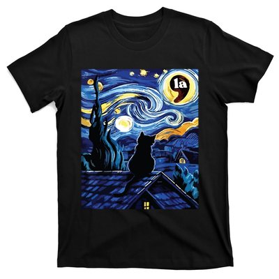 Halloween Starry Night Black Cat Comma La Kamala Harris T-Shirt