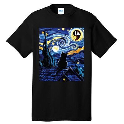 Halloween Starry Night Black Cat Comma La Kamala Harris Tall T-Shirt