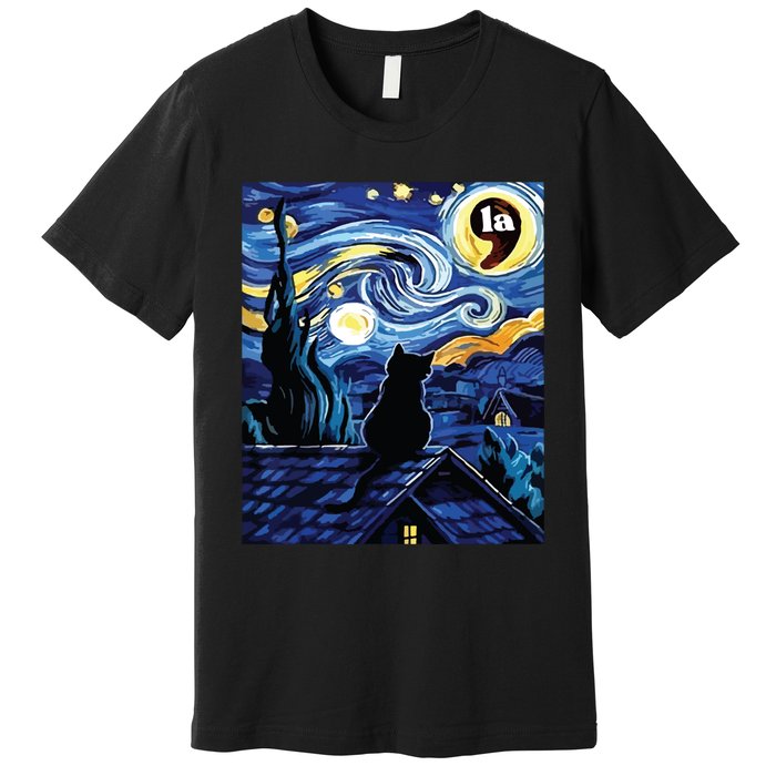 Halloween Starry Night Black Cat Comma La Kamala Harris Premium T-Shirt