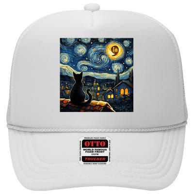 Halloween Starry Night Black Cat Comma La Kamala Harris High Crown Mesh Back Trucker Hat