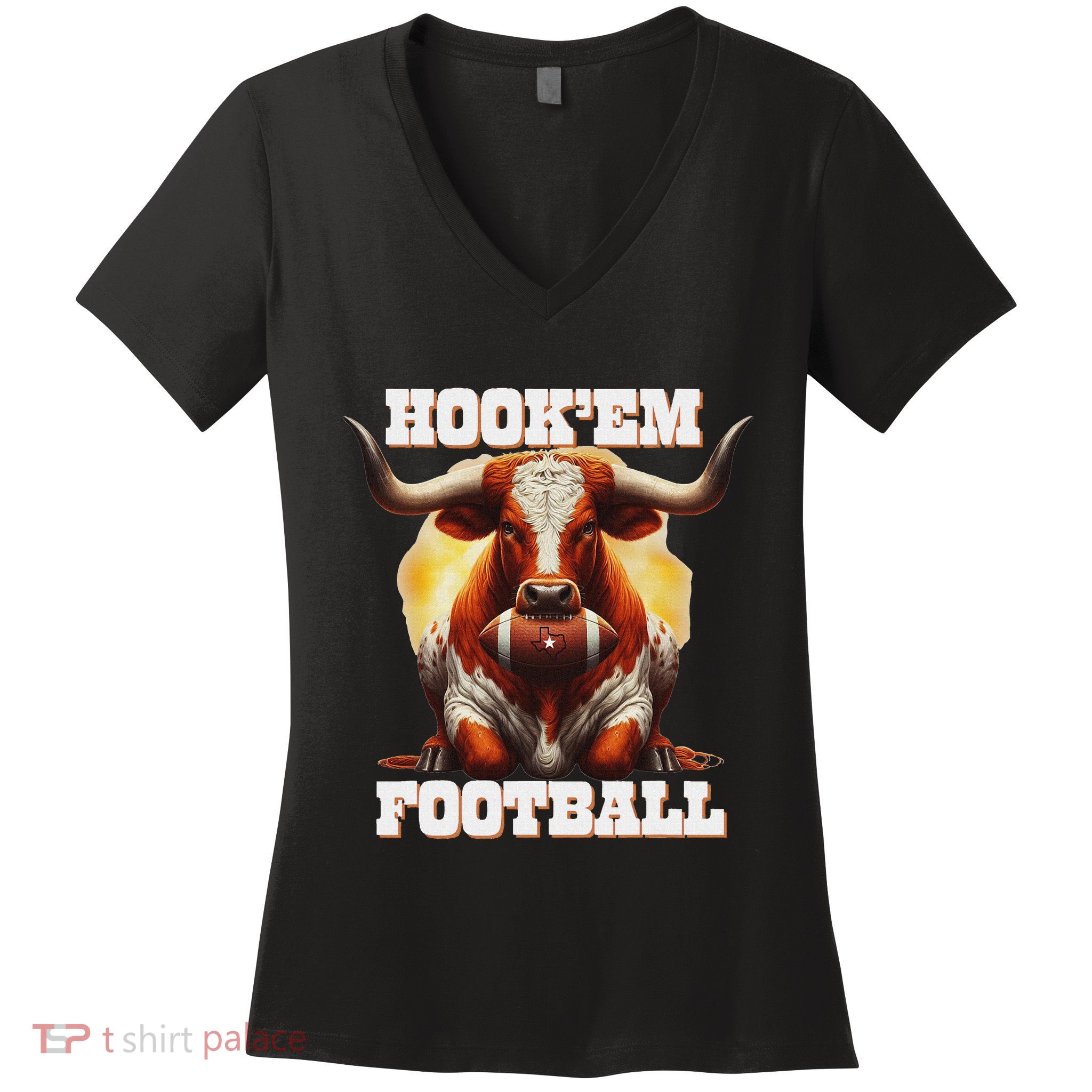 HookEm State Of Texas Football With Hair And Horns Women's V-Neck T-Shirt