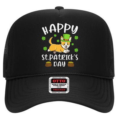 Happy St Patrick's Day Funy Saint Patricks Corgi Dog High Crown Mesh Back Trucker Hat