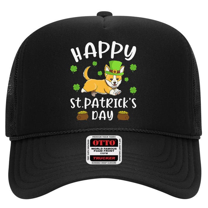 Happy St Patrick's Day Funy Saint Patricks Corgi Dog High Crown Mesh Back Trucker Hat