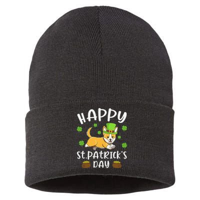 Happy St Patrick's Day Funy Saint Patricks Corgi Dog Sustainable Knit Beanie