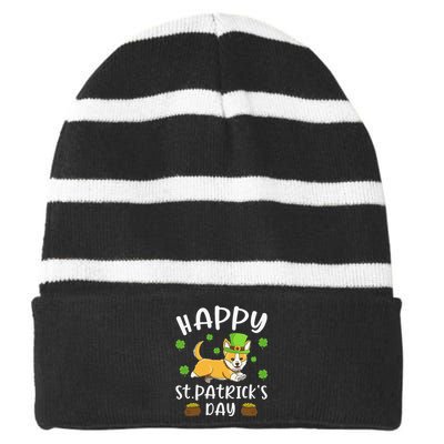 Happy St Patrick's Day Funy Saint Patricks Corgi Dog Striped Beanie with Solid Band