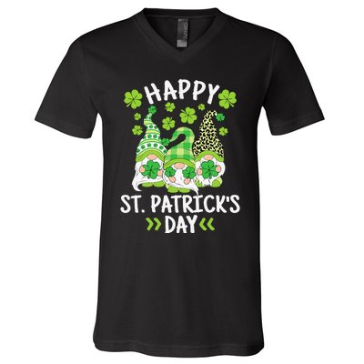 Happy St Patricks Day Gnome Leopard Shamrock Irish Gnomes V-Neck T-Shirt