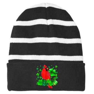 Happy St Patrick's Day Cardinal Bird With Shamrocks Lover Striped Beanie with Solid Band