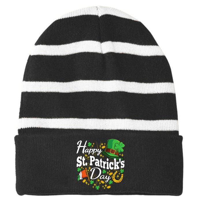 Happy St. Patricks Day Shamrock Irish Saint Patricks Day Striped Beanie with Solid Band