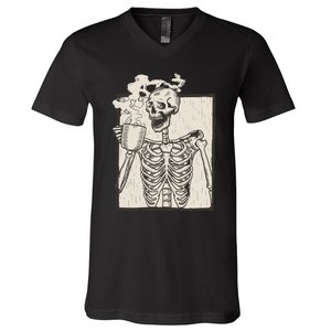 HALLOWEEN SKULL PRINT FLEECE OVERSIZED V-Neck T-Shirt