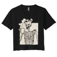 HALLOWEEN SKULL PRINT FLEECE OVERSIZED Women's Crop Top Tee