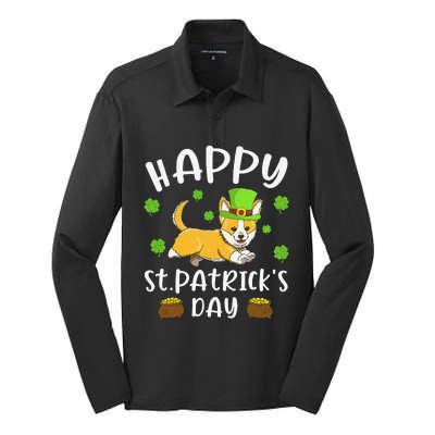 Happy St. Patrick's Day Funy Saint Patricks Corgi Dog Silk Touch Performance Long Sleeve Polo