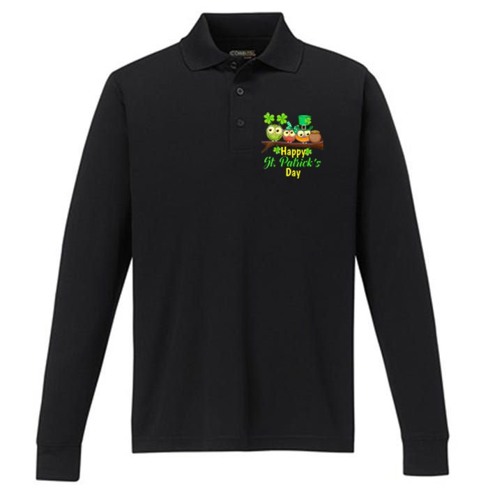 Happy St. Patrick's Day Cute Owls Performance Long Sleeve Polo