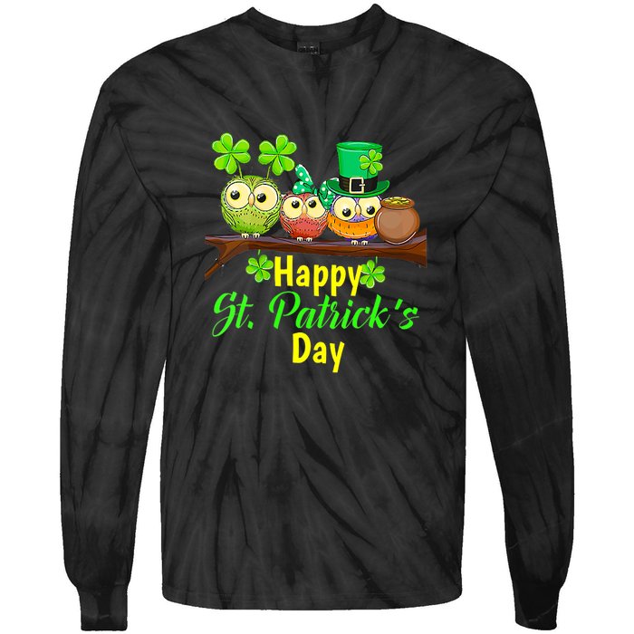 Happy St. Patrick's Day Cute Owls Tie-Dye Long Sleeve Shirt