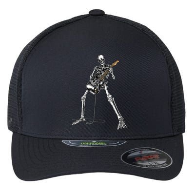 Halloween Skeleton Playing Guitar Rock And Roll Band Tees Flexfit Unipanel Trucker Cap