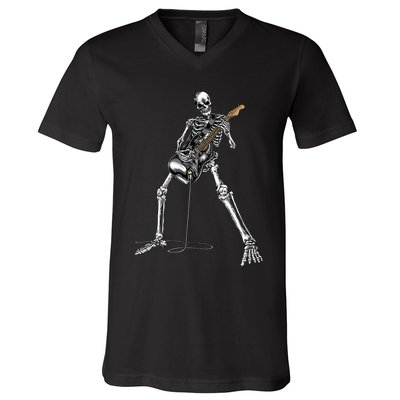 Halloween Skeleton Playing Guitar Rock And Roll Band Tees V-Neck T-Shirt