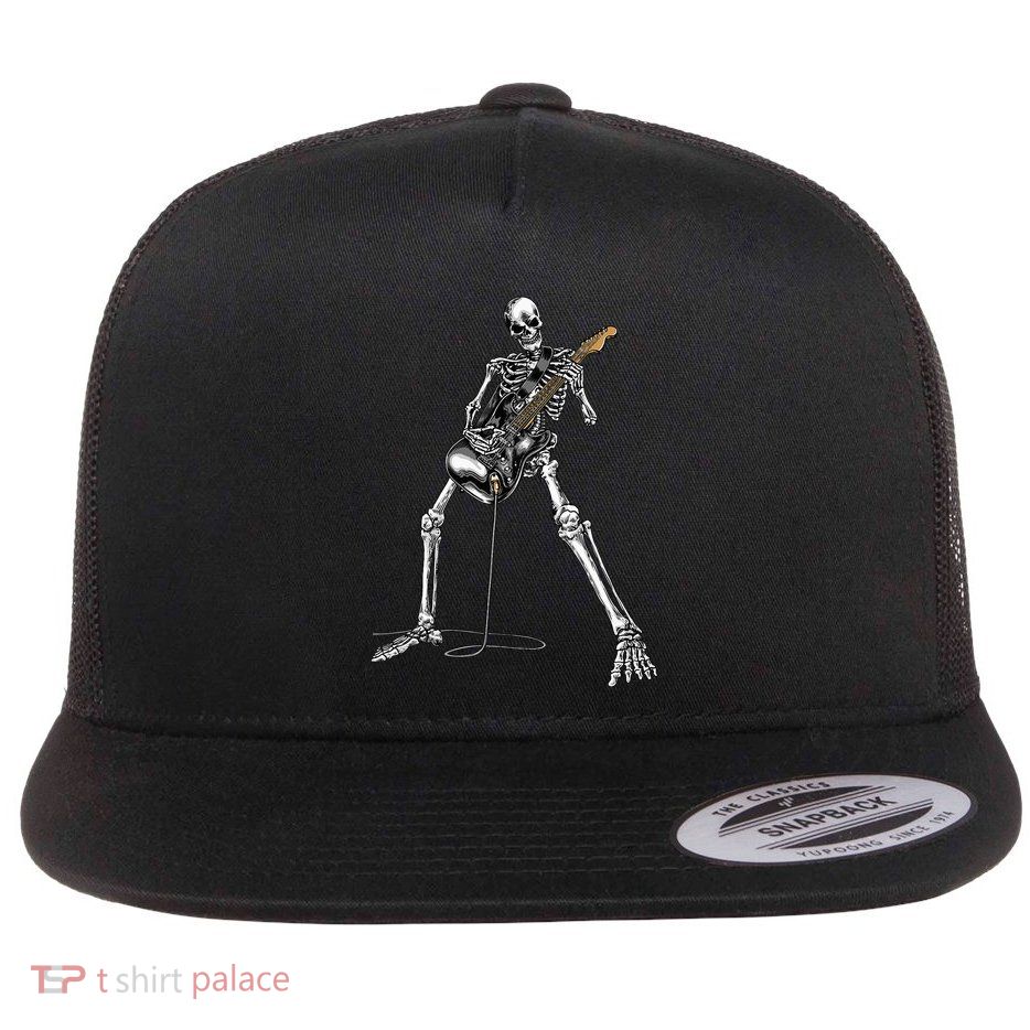 Halloween Skeleton Playing Guitar Rock And Roll Band Tees Flatbill Hat