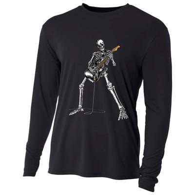 Halloween Skeleton Playing Guitar Rock And Roll Band Tees Cooling Performance Long Sleeve Crew