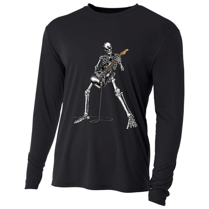 Halloween Skeleton Playing Guitar Rock And Roll Band Tees Cooling Performance Long Sleeve Crew