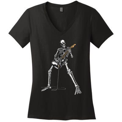 Halloween Skeleton Playing Guitar Rock And Roll Band Tees Women's V-Neck T-Shirt