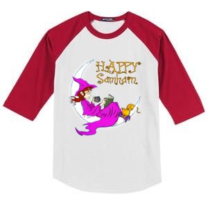 Happy Samhain Purple Witch Books Coffee Cats Moon Halloween Gift Kids Colorblock Raglan Jersey