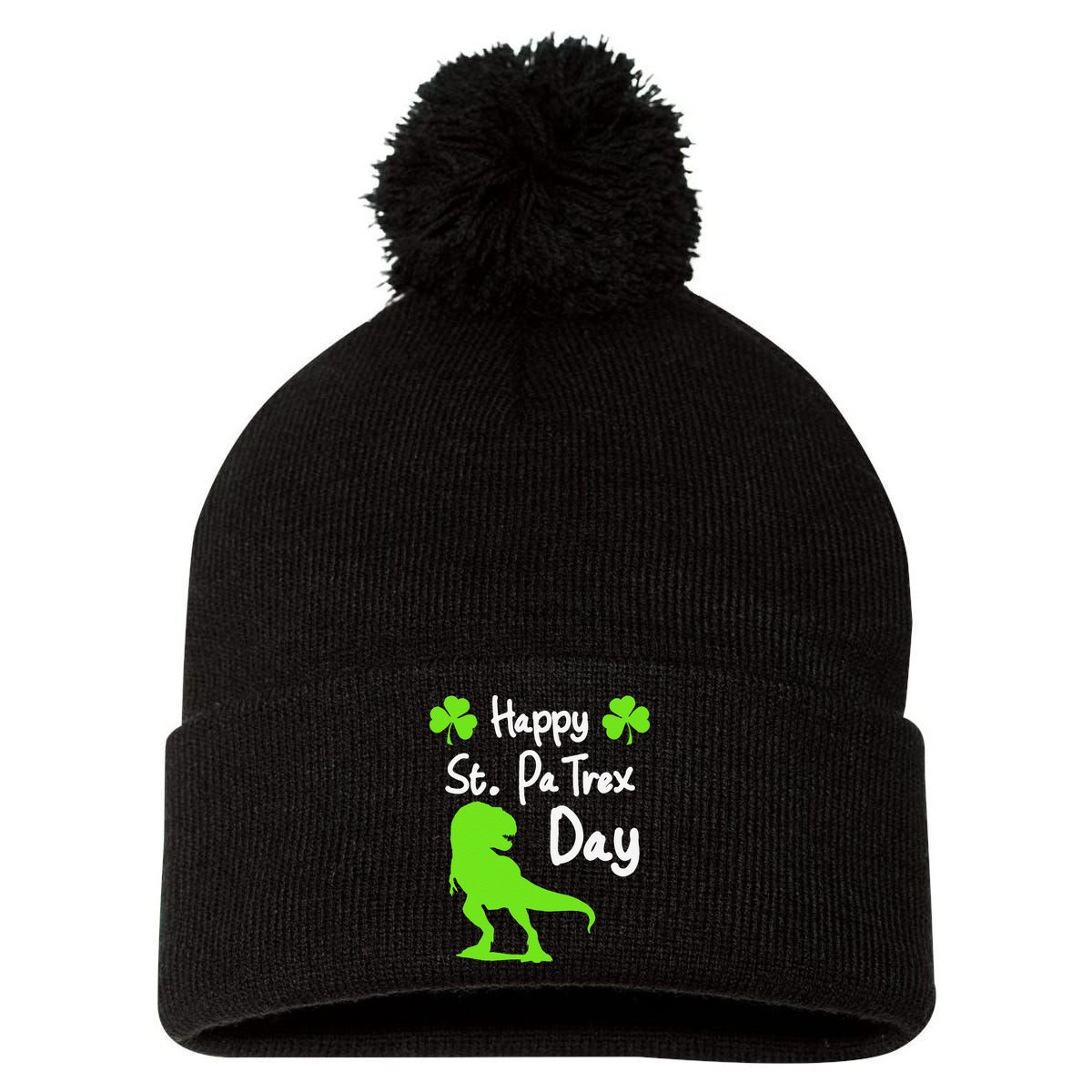 Happy St. Pa Trex Day Cute Trex Dino St. Patrick's Pom Pom 12in Knit Beanie