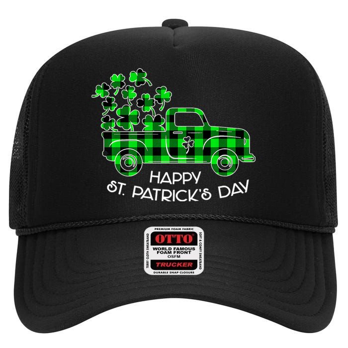 Happy St Patricks Day Vintage Truck Buffalo Plaid Shamrock High Crown Mesh Back Trucker Hat