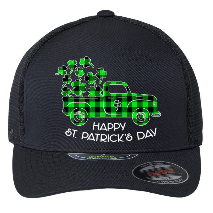 Happy St Patricks Day Vintage Truck Buffalo Plaid Shamrock Flexfit Unipanel Trucker Cap