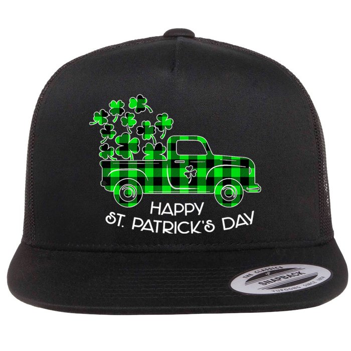 Happy St Patricks Day Vintage Truck Buffalo Plaid Shamrock Flat Bill Trucker Hat