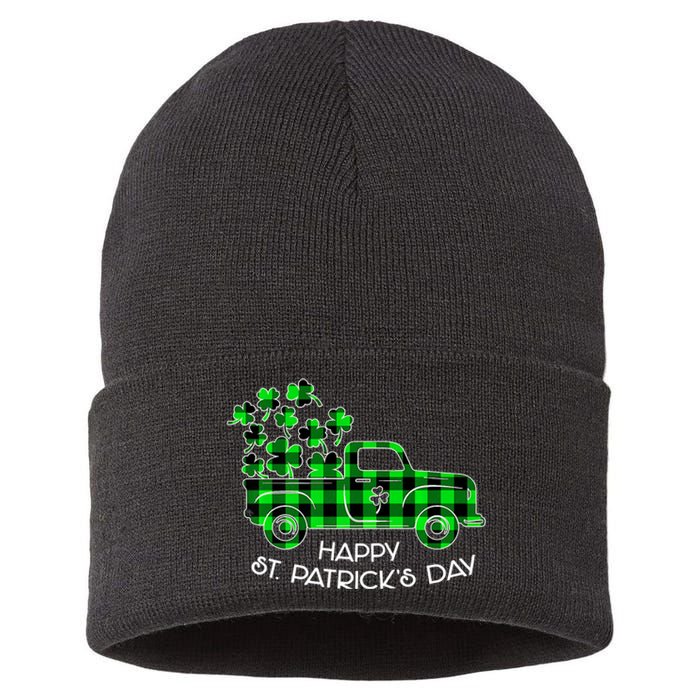 Happy St Patricks Day Vintage Truck Buffalo Plaid Shamrock Sustainable Knit Beanie