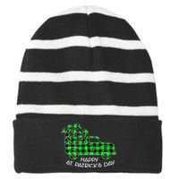 Happy St Patricks Day Vintage Truck Buffalo Plaid Shamrock Striped Beanie with Solid Band