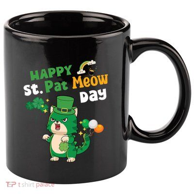 Happy St Pat Meow Day Lucky Shamrock Cat Funny Cats Lovers Gift 11oz C Handle Ceramic Mug
