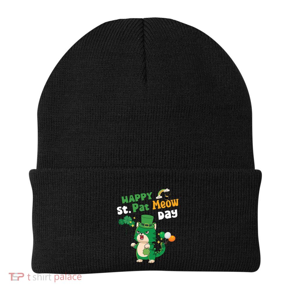 Happy St Pat Meow Day Lucky Shamrock Cat Funny Cats Lovers Gift Beanie