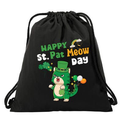 Happy St Pat Meow Day Lucky Shamrock Cat Funny Cats Lovers Gift Drawstring Bag