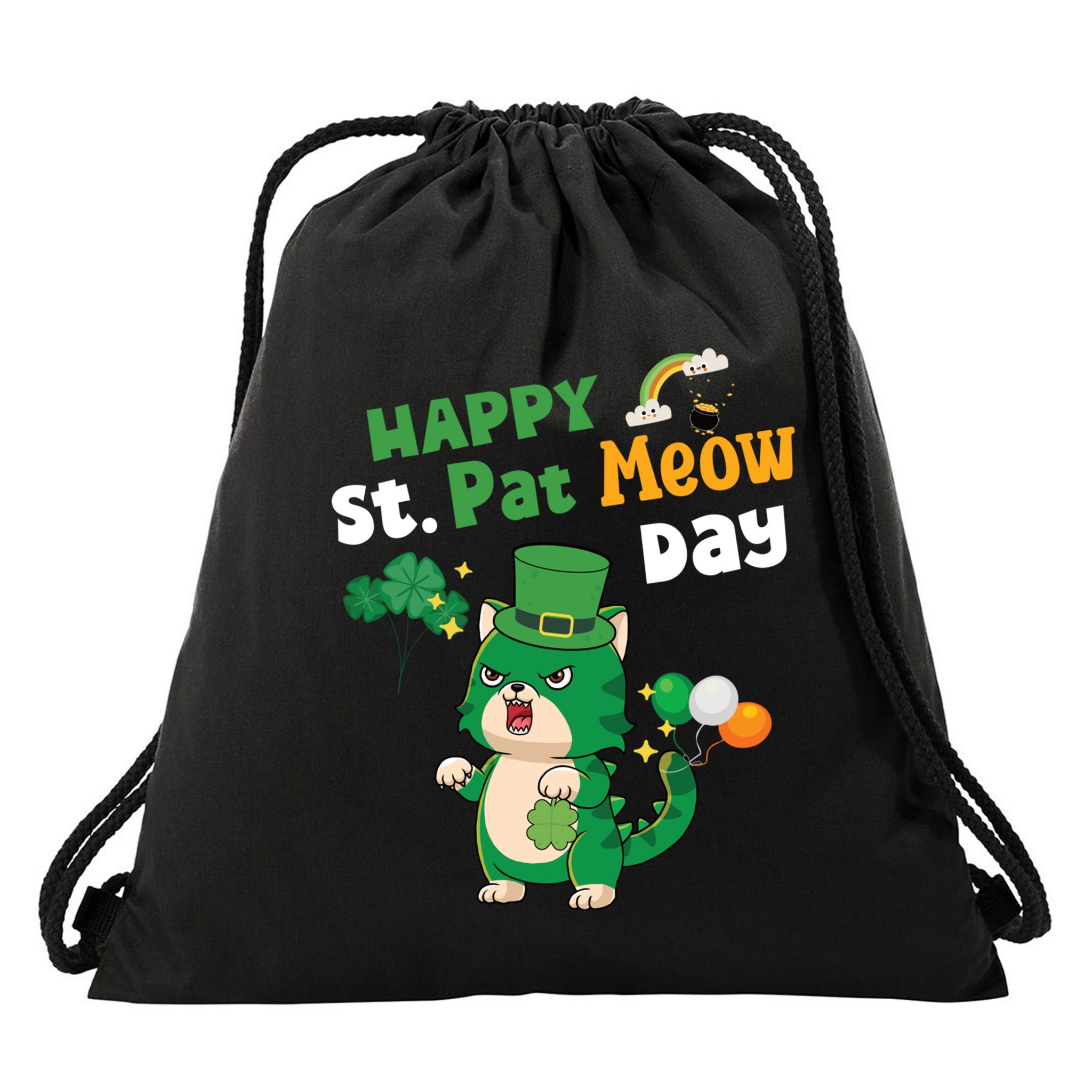 Happy St Pat Meow Day Lucky Shamrock Cat Funny Cats Lovers Gift Drawstring Bag